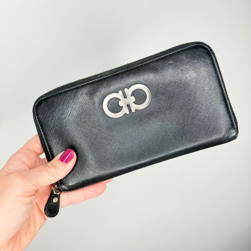 Salvatore Ferragamo Black Saffiano Leather Zip Around Wallet